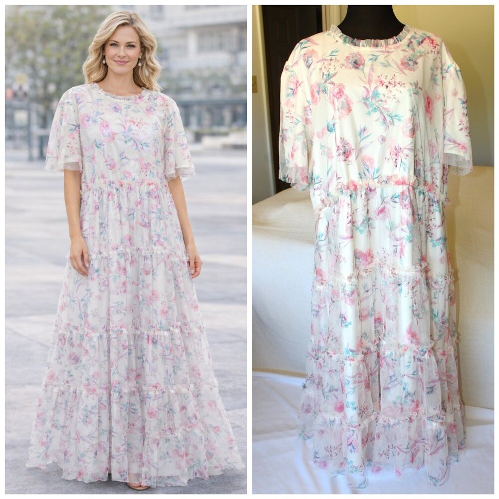 Celadon Maternity floral Tulle Maxi Dress Mesh Ruffle Tiered plus 3X Fairy Boho